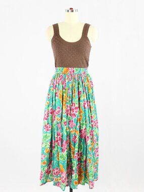 Vintage 90's EATON PETITES Green Floral Print Cotton Voile Midi Skirt, Size L